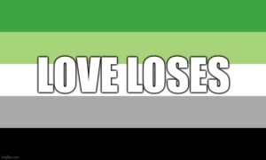 imagem da bandeira arromântica (5 faixas coloridas, em ordem, de cima pra baixo: verde, verde claro, branco, cinza e preto) com o texto “Love Loses” (trad: O amor perde”)