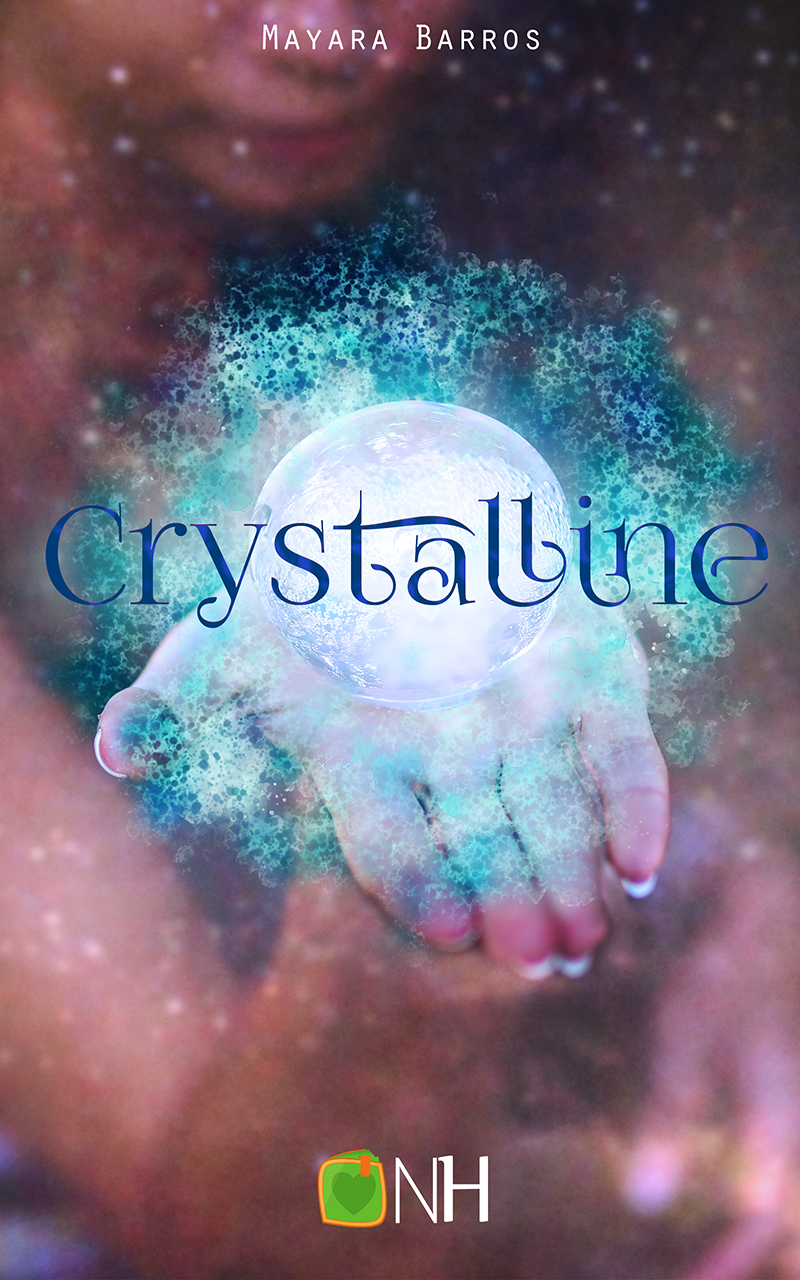 Cover for Crystalline. An out of focus brown skinned woman holding a glowing crystal ball.
