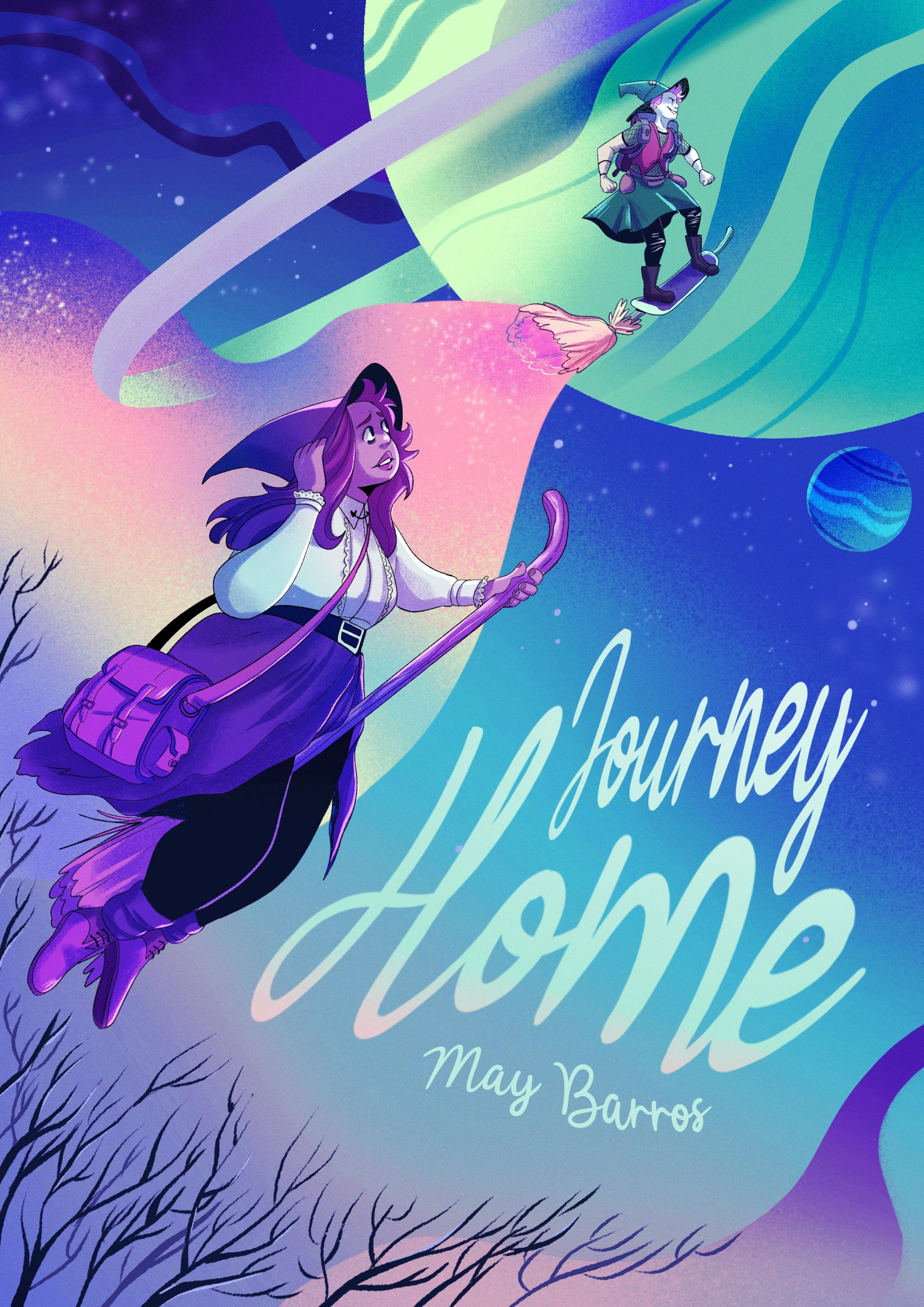 The cover of Journey Home shows Amara, a fat witch with long brown hair with a concerned expression, flying on a broom after Luiza, a skinny witch with short ginger hair, who is on the background with a mischievous grin flying in a skate-broom. The background shows two planets.